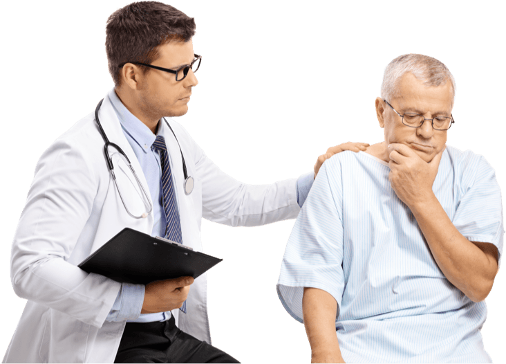 Patient thinking and doctor consoling him