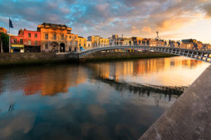 People crossing bridge in Dublin, Ireland