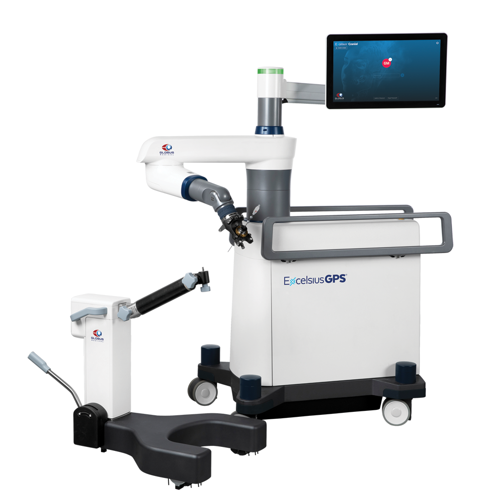 ExcelsiusGPS with cranial end effector and patient stabilization stand